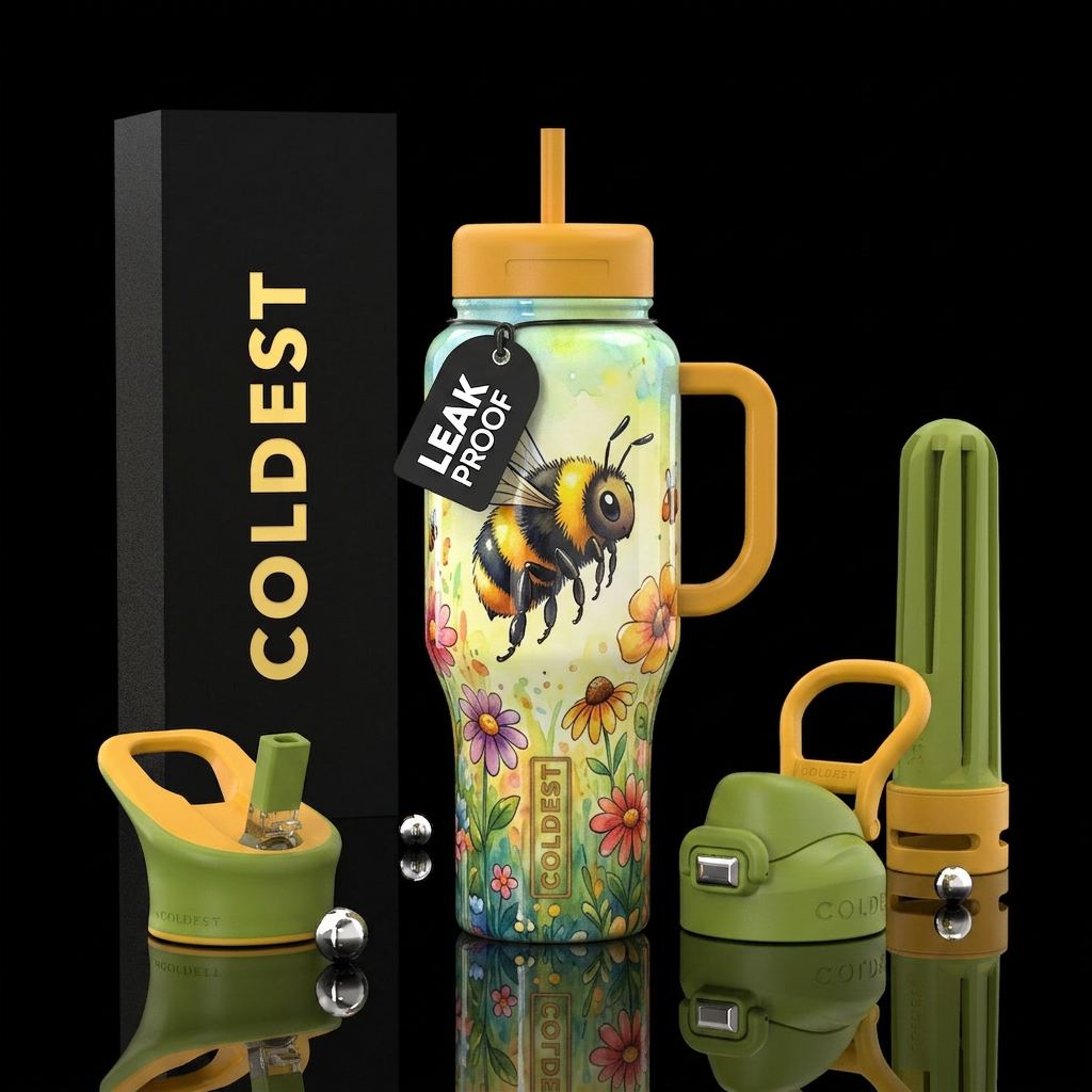 Cute busy bumblebee, colorful background, glowie, ... water bottle design