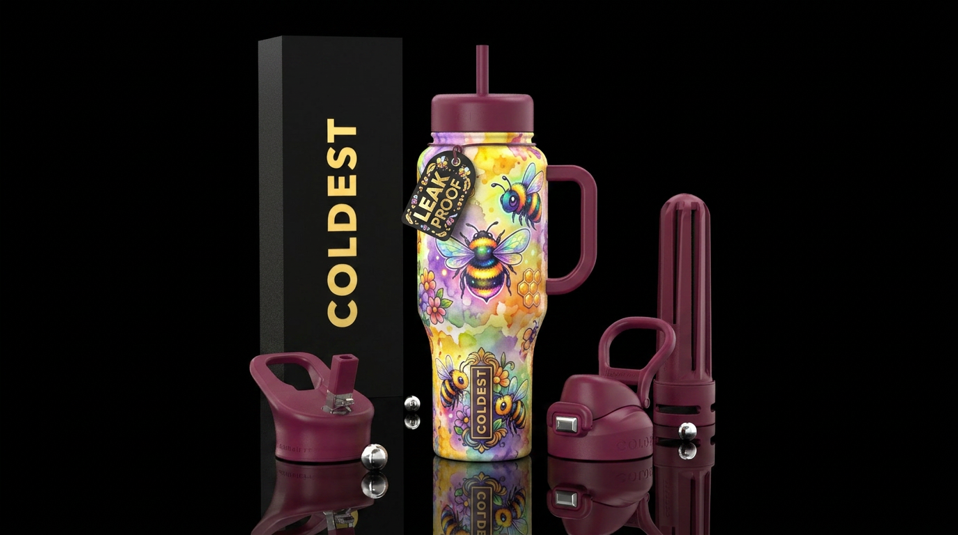 Cute whimsical cartoonish busy bumblebee, glossy, ... water bottle design