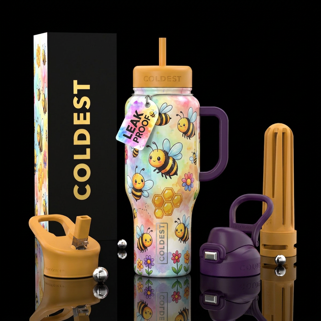 Cute whimsical cartoonish busy bumblebee, glossy, ... water bottle design