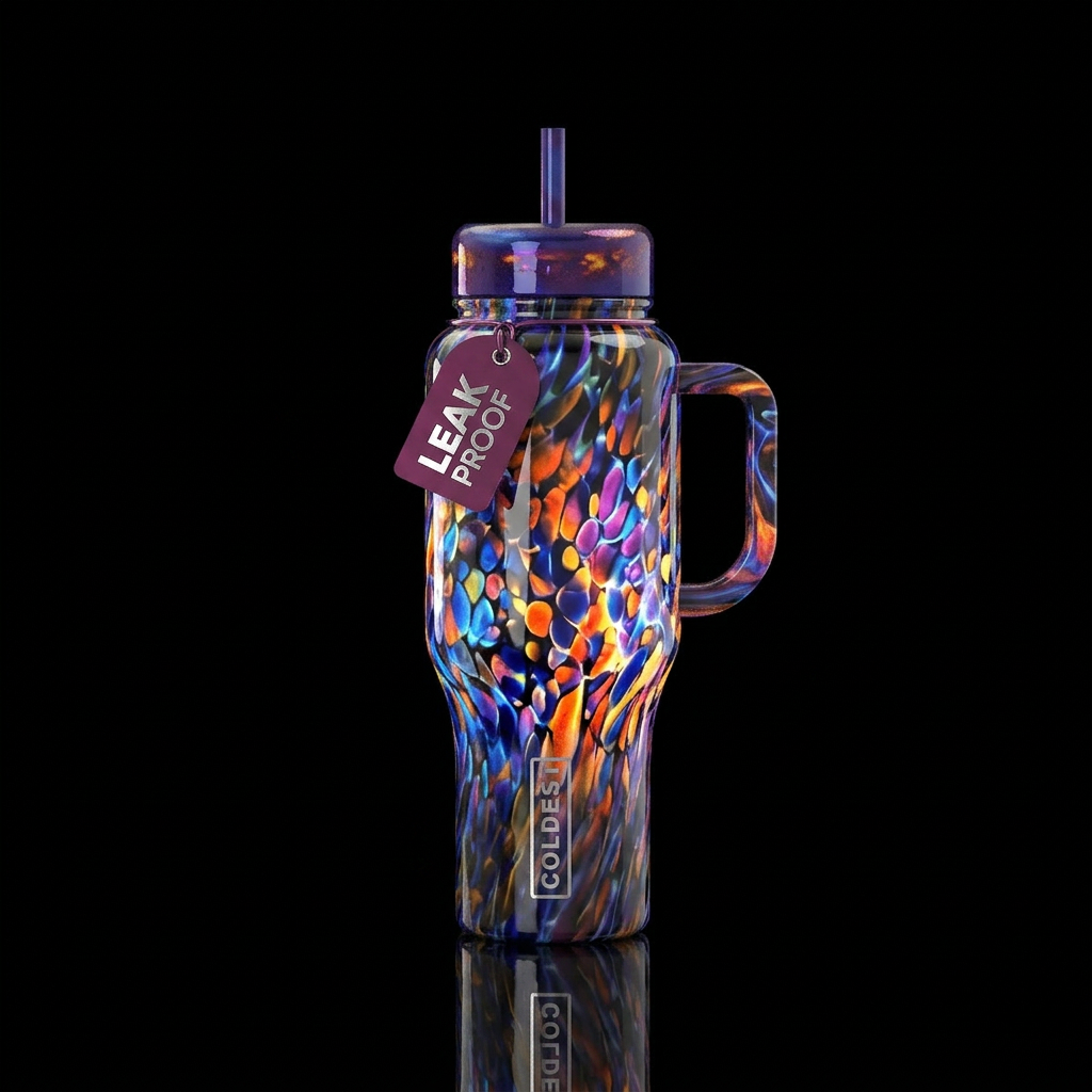 Fireworks slag glass, glossy water bottle design