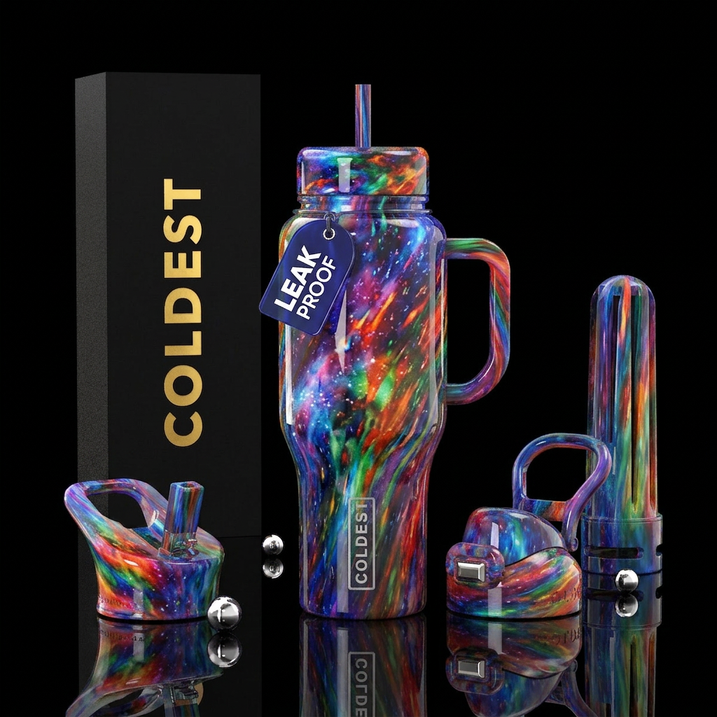Fireworks slag glass, glossy water bottle design
