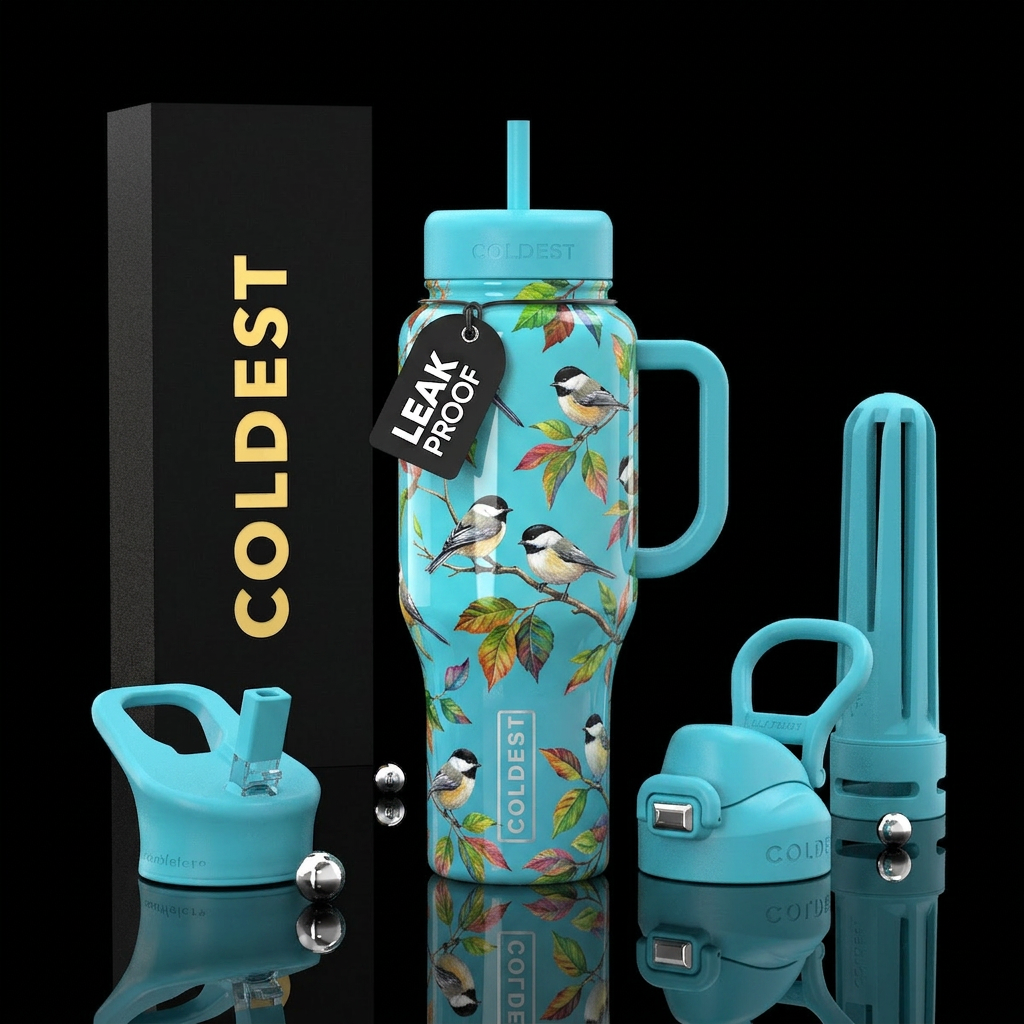 A turquoise sky blue background with branches and ... water bottle design