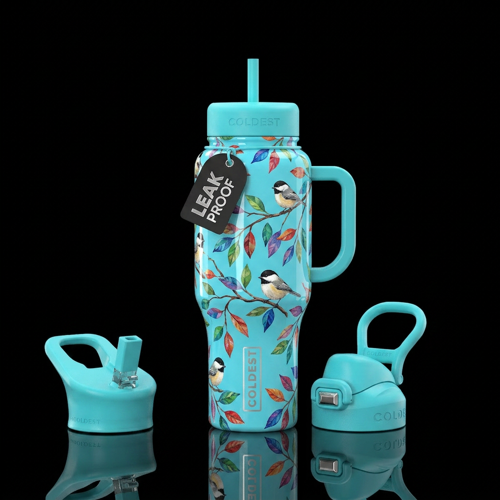 A turquoise sky blue background with branches and ... water bottle design