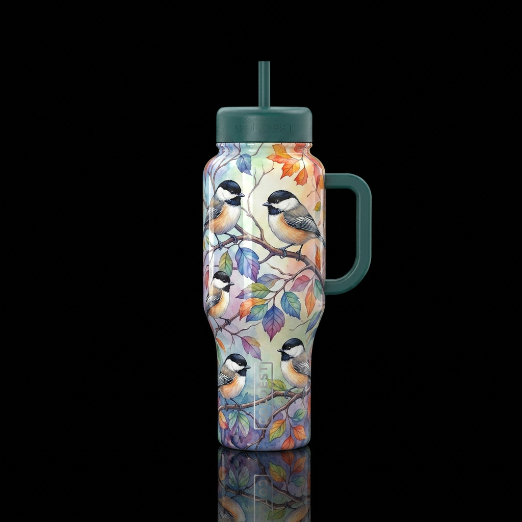 A white background with blushed chickadee colors, ... water bottle design