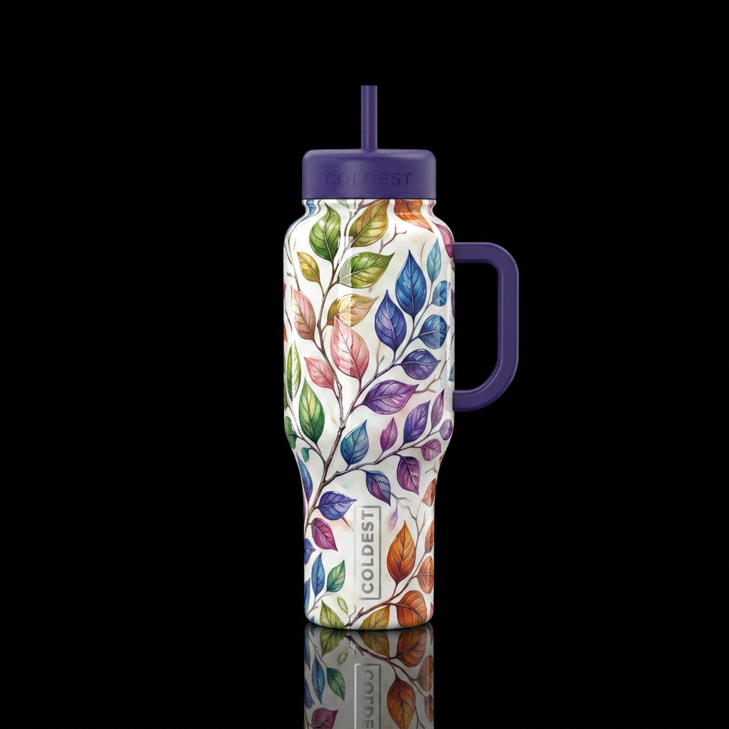 A white background with blushed chickadee colors, ... water bottle design