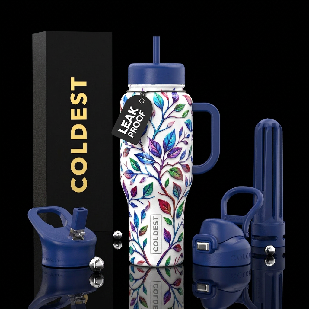 A white background with blushed chickadee colors, ... water bottle design