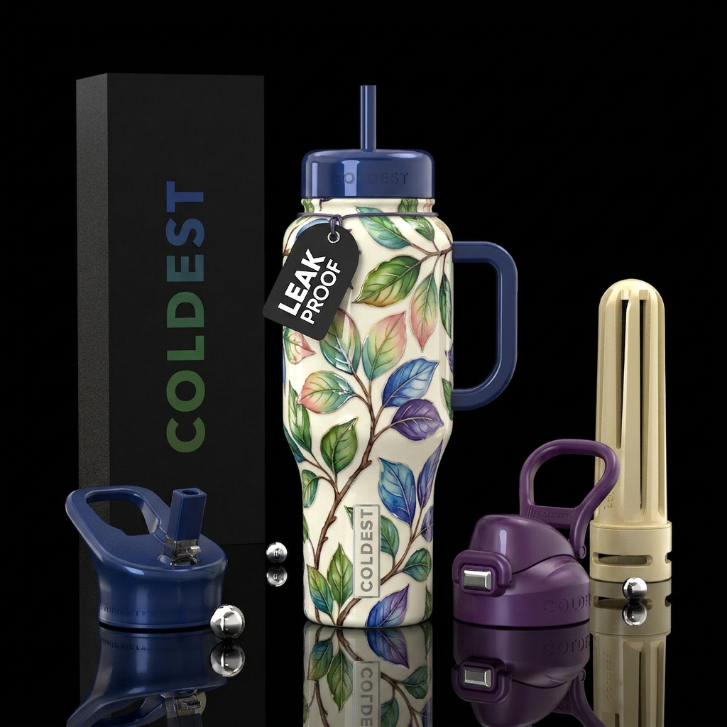 A white background with blushed chickadee colors, ... water bottle design