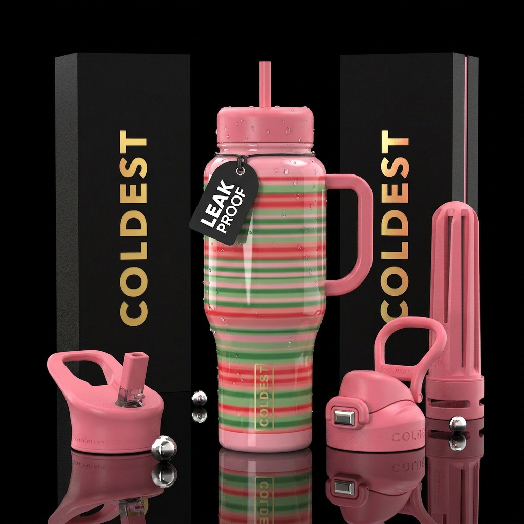 Pink background with watermelon green and watermel... water bottle design