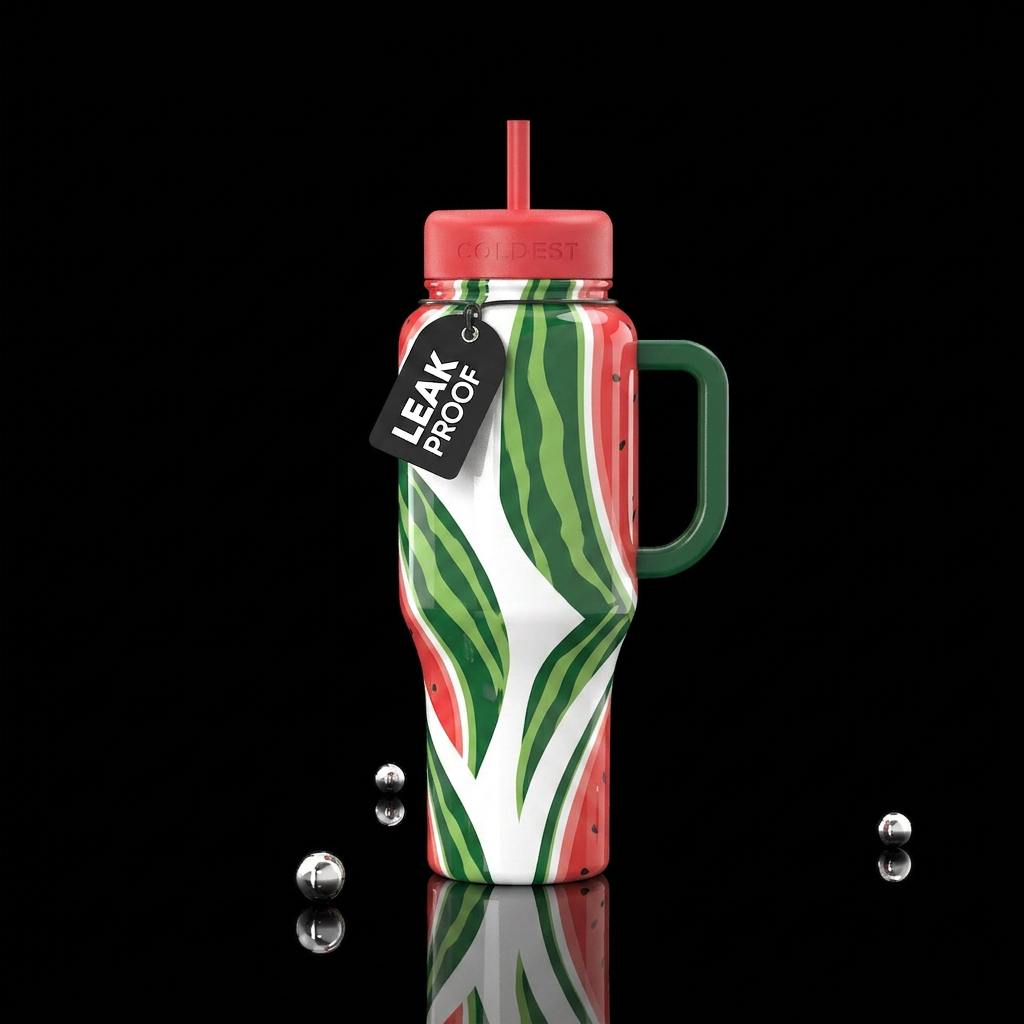 White background with watermelon green and waterme... water bottle design