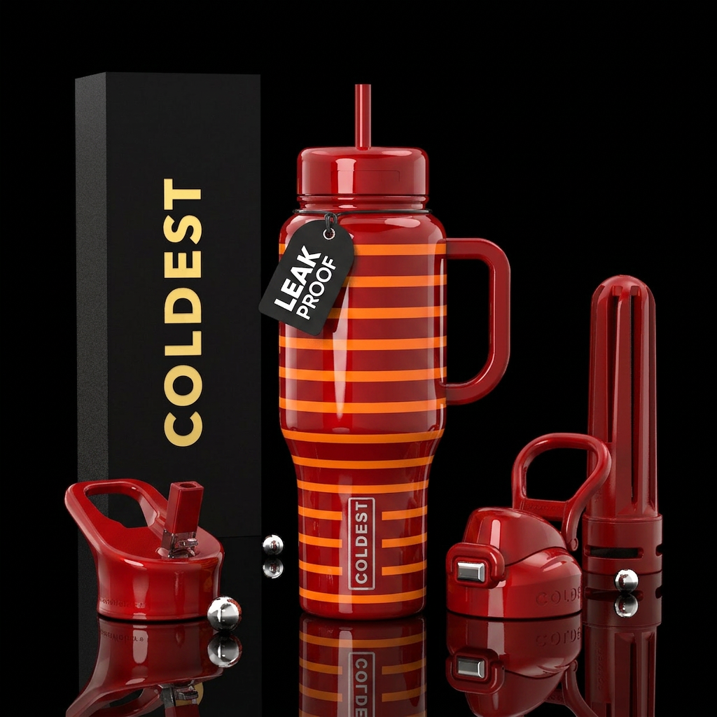 Red with orange stripes, glossy water bottle design