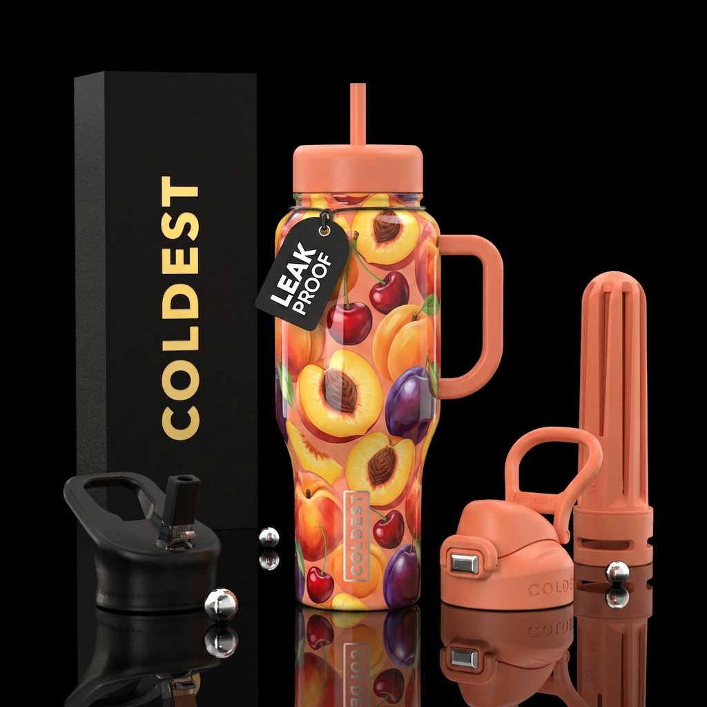 Stone fruits, glossy water bottle design