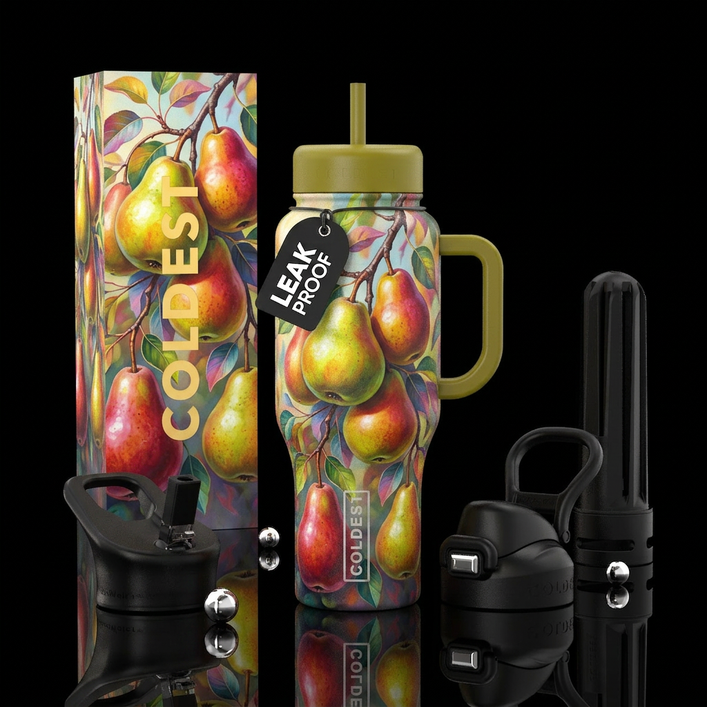 Moonglow pear, on branches, glossy water bottle design