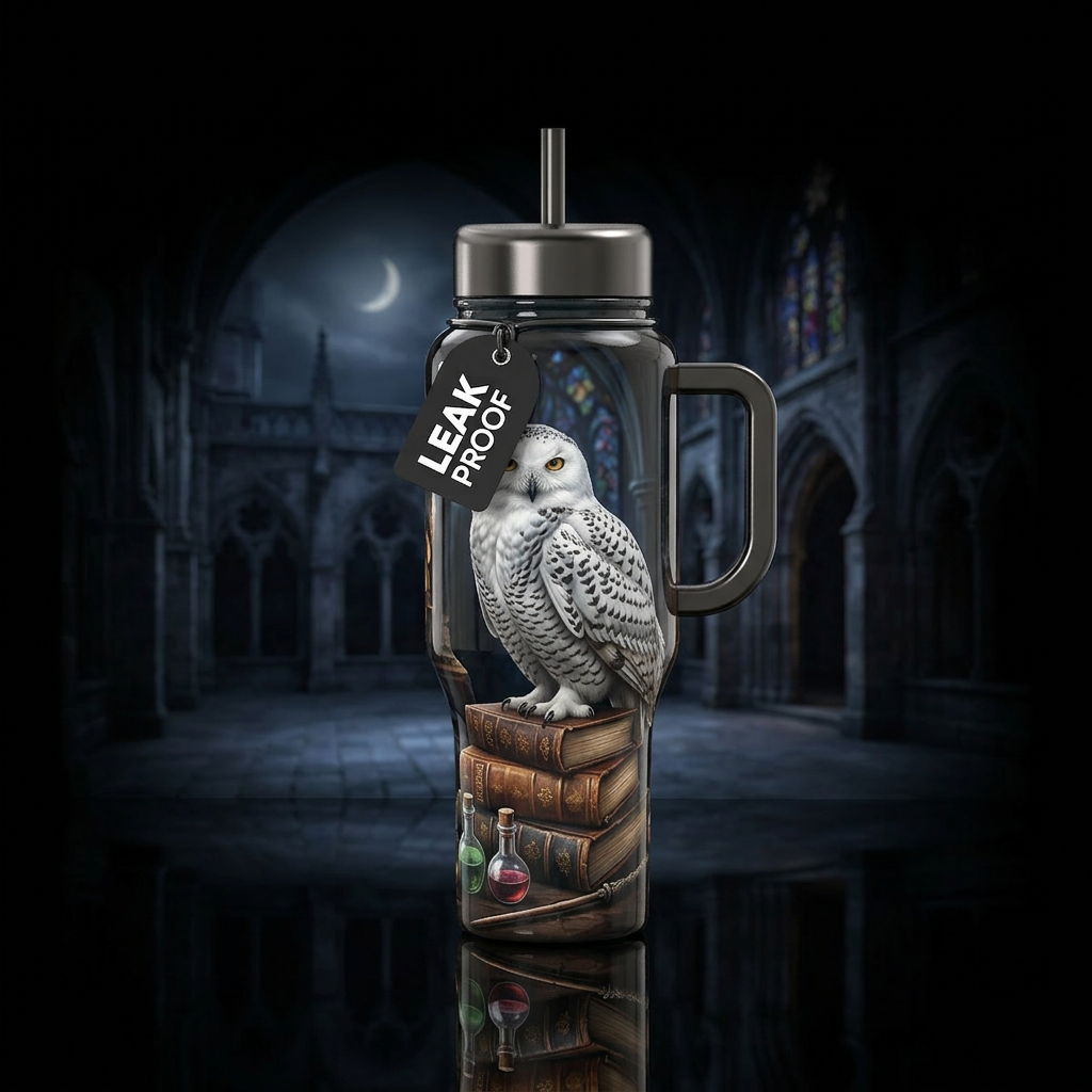 A very detailed and realistic snow owl perched on ... water bottle design