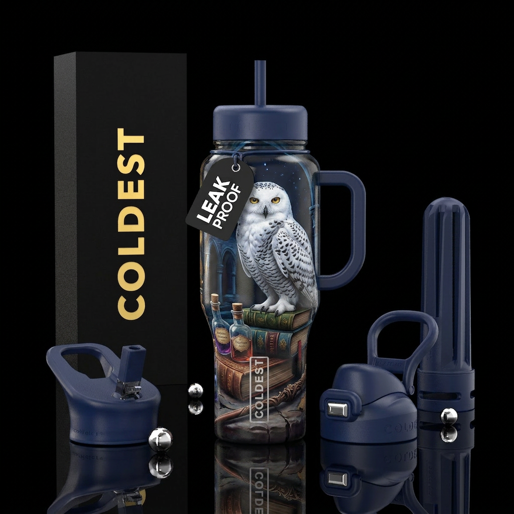 A very detailed and realistic snow owl perched on ... water bottle design