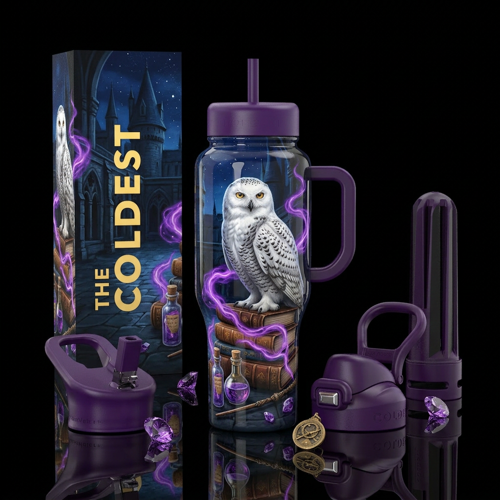 A very detailed realistic snow owl perched on some... water bottle design