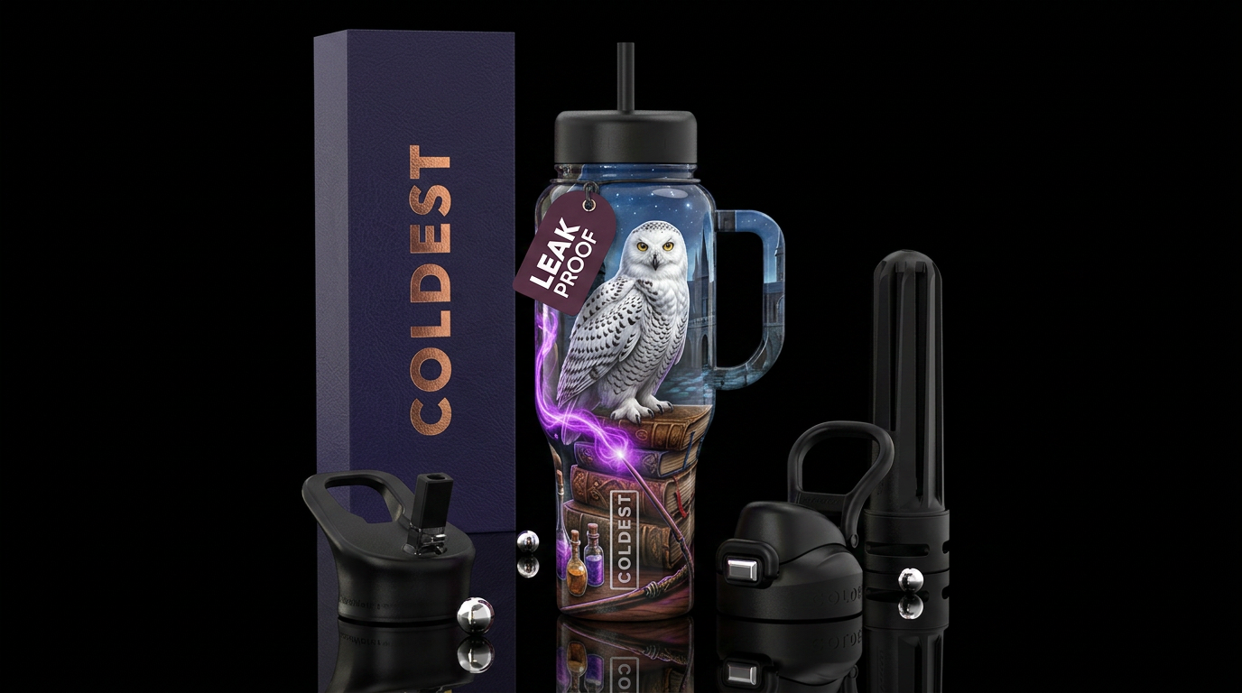 A very detailed realistic snow owl perched on some... water bottle design