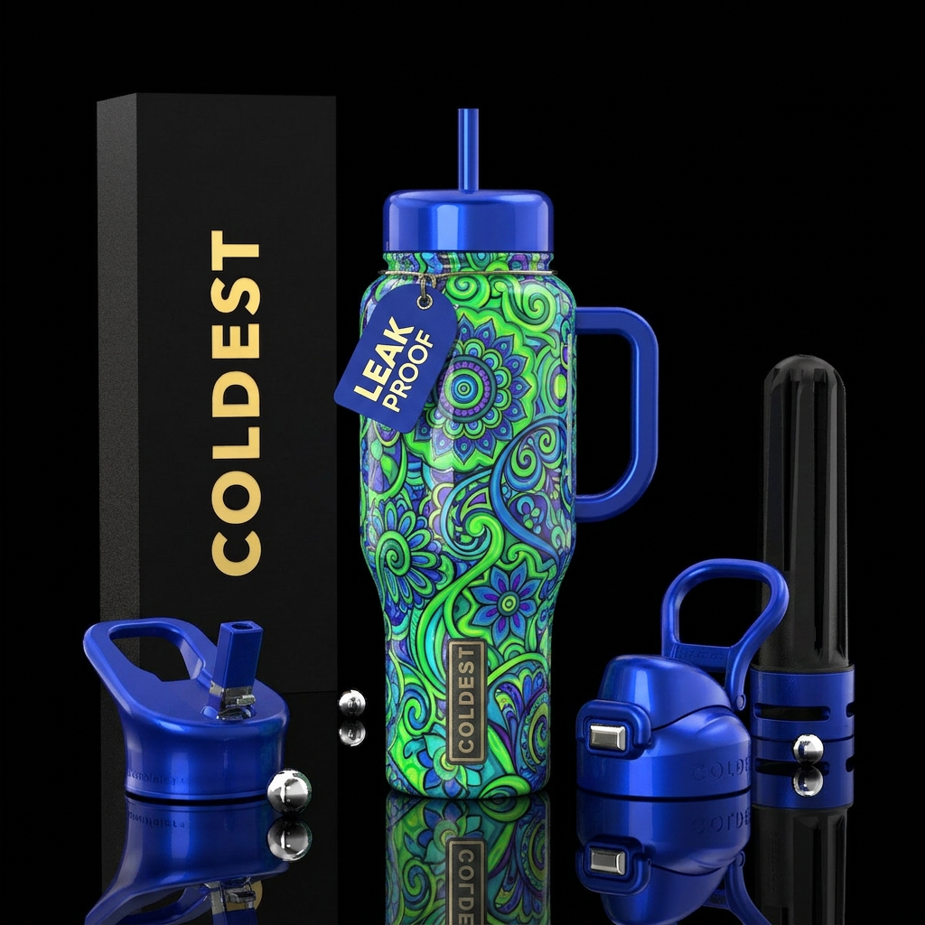Bright green and blue with hippie designs, glossy water bottle design