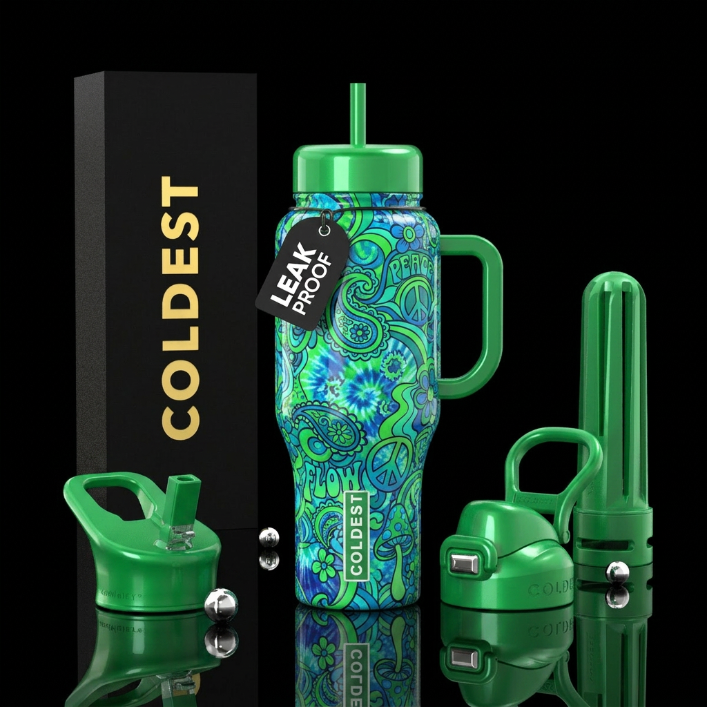 Bright green and blue with hippie designs, glossy water bottle design