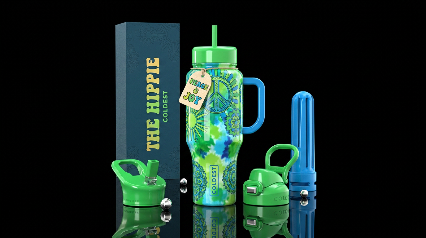 Bright green and blue with hippie designs, glossy water bottle design