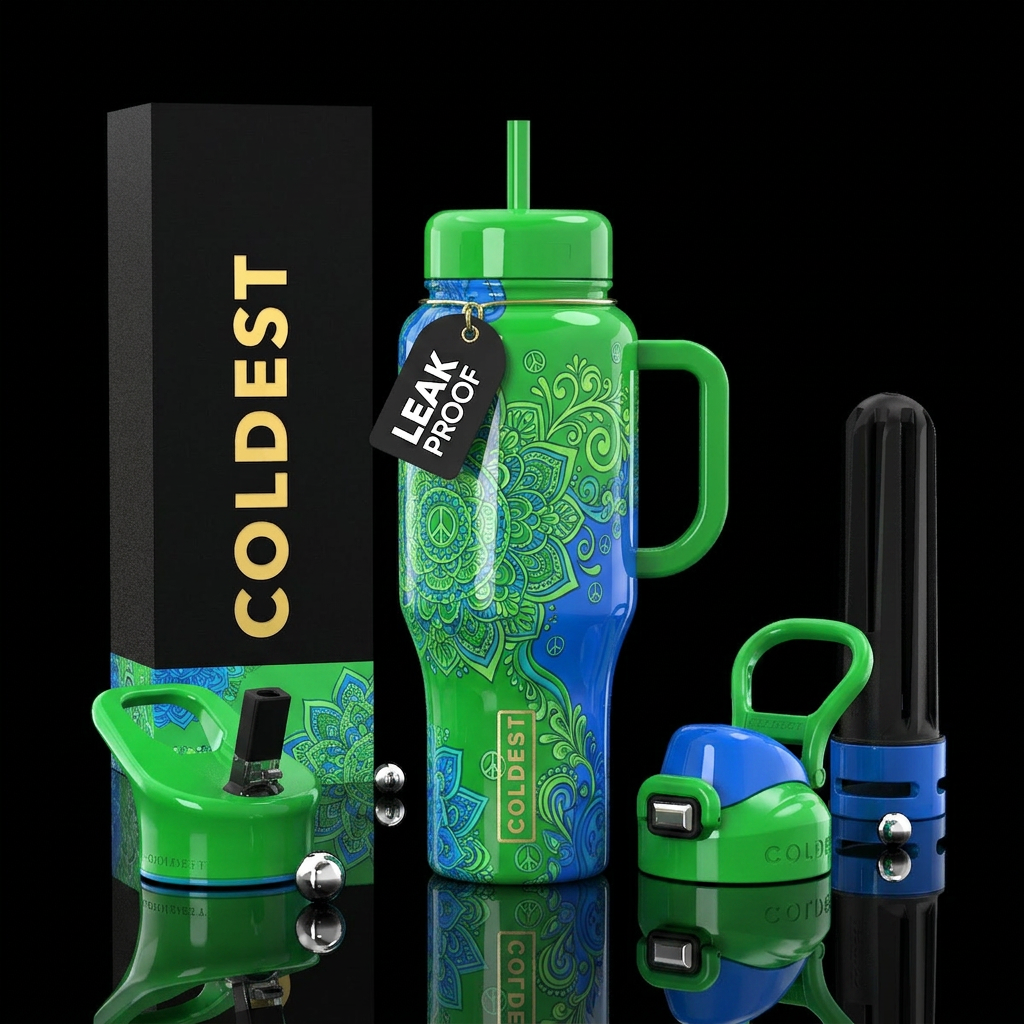 Bright green and blue with hippie designs, glossy water bottle design