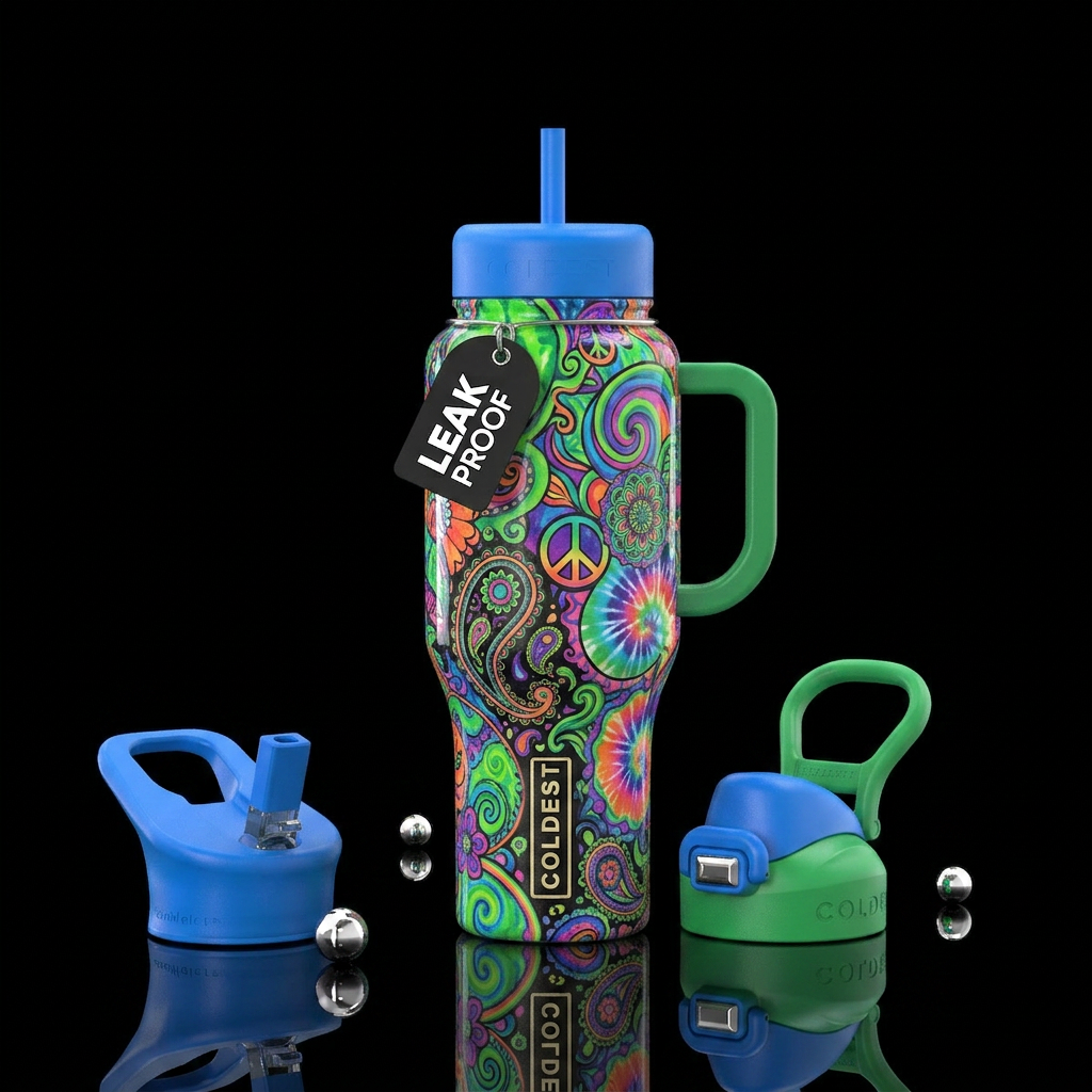 Bright green and blue with hippie designs, glossy water bottle design
