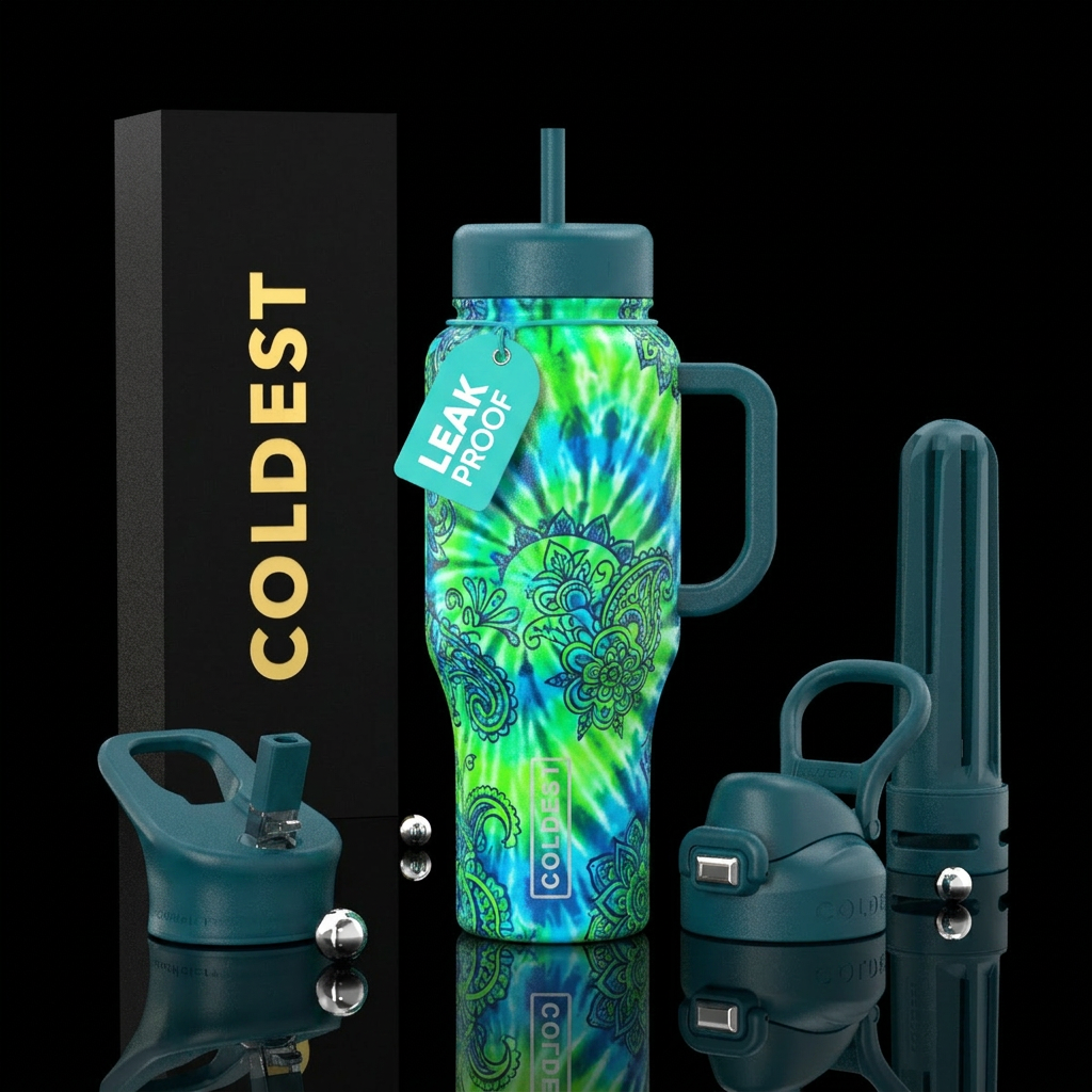 Bright green and blue with hippie designs, glossy water bottle design