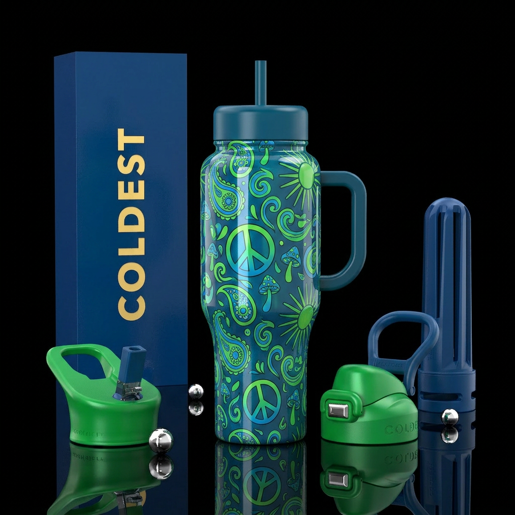 Bright green and blue with hippie designs, glossy,... water bottle design