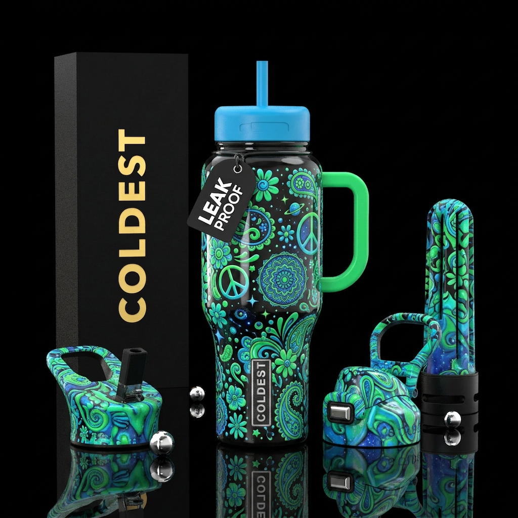 Bright green and blue with hippie designs, glossy,... water bottle design