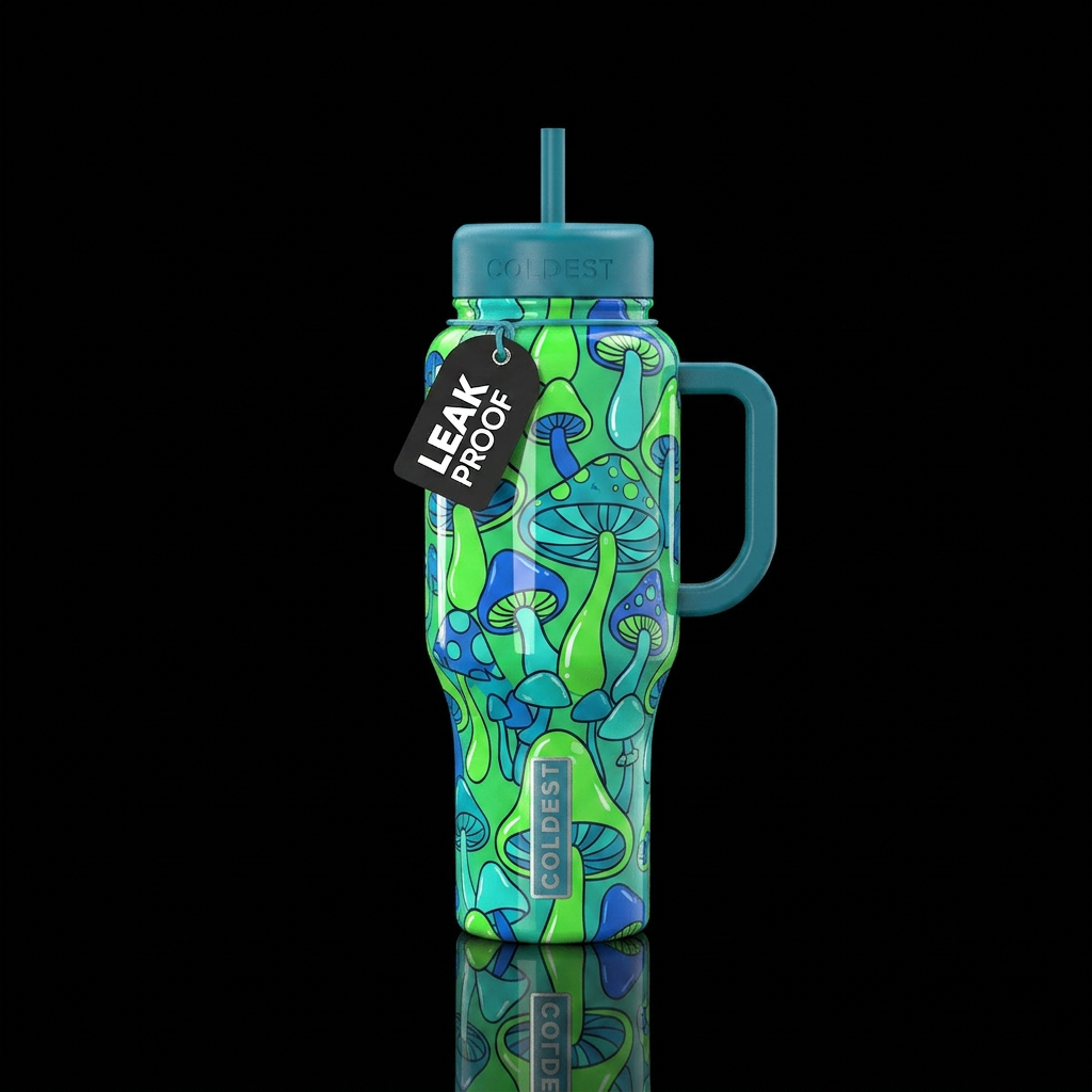 Bright green and blue with hippie mushroom designs... water bottle design