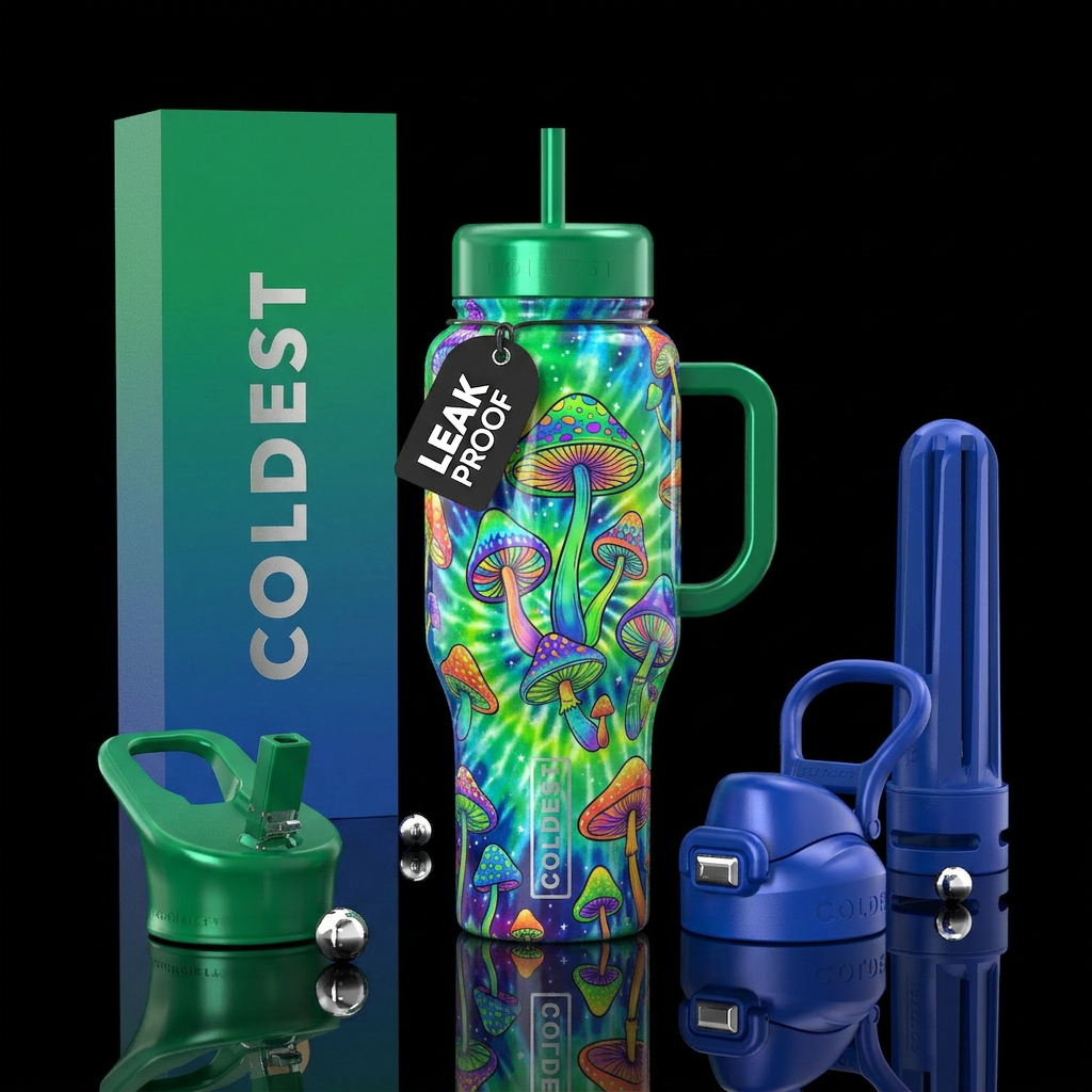 Bright green and blue with hippie mushroom designs... water bottle design