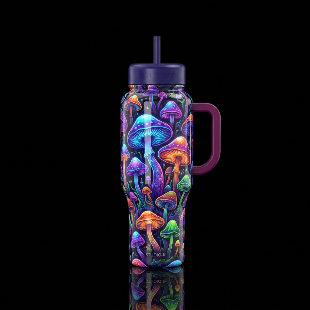 Hippie style mushrooms, glowie, glossy, trompe-l'œ... water bottle design
