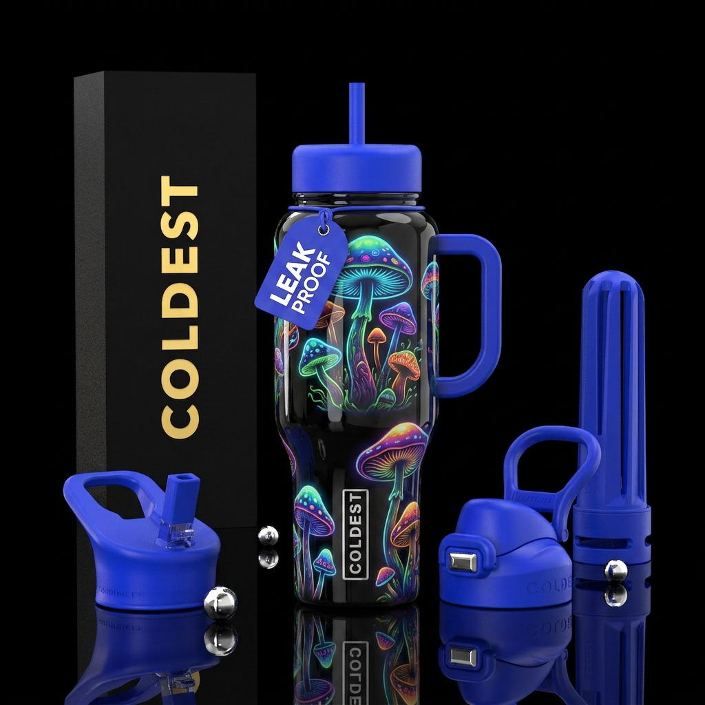 Hippie style mushrooms, glowie, glossy, trompe-l'œ... water bottle design