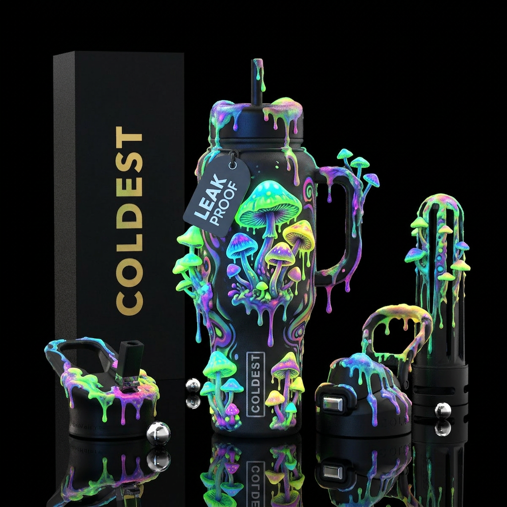 Hippie style mushrooms dripping, glowie, glossy, t... water bottle design