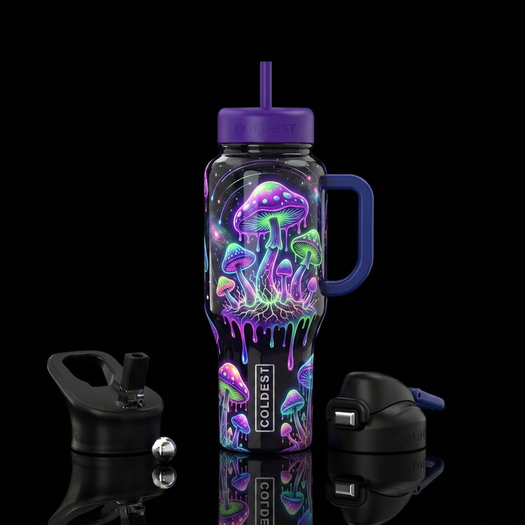 Hippie style mushrooms dripping, glowie, glossy, t... water bottle design