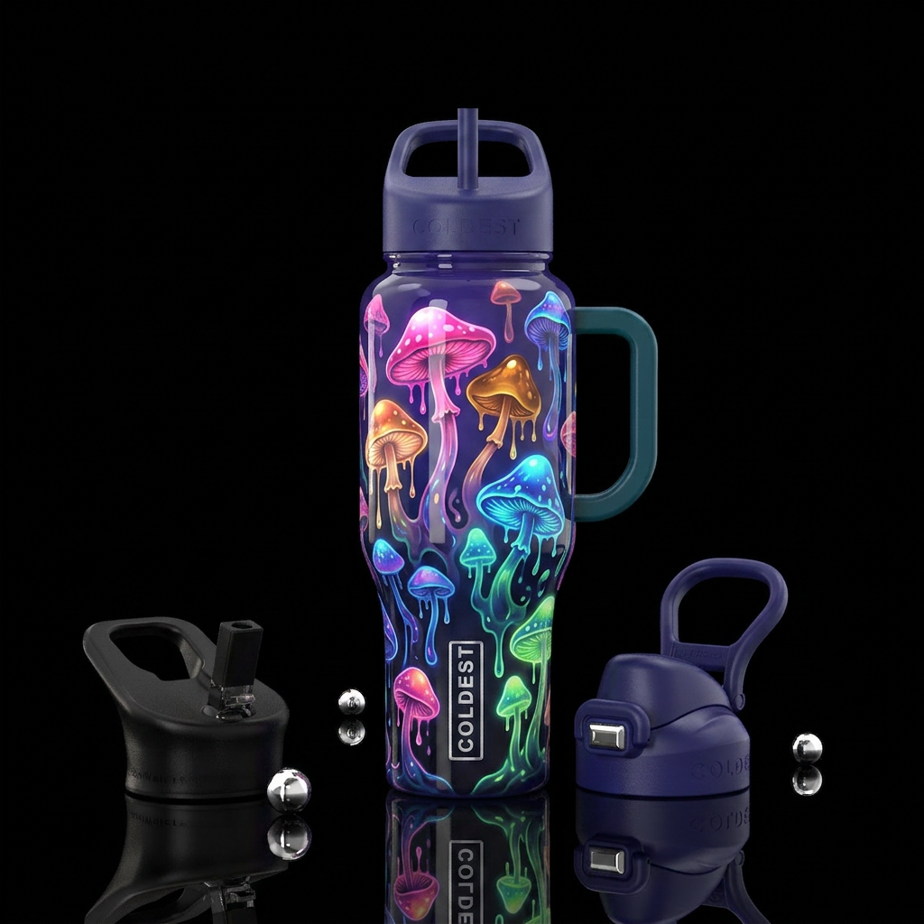 Hippie style mushrooms dripping, glowie, glossy, t... water bottle design