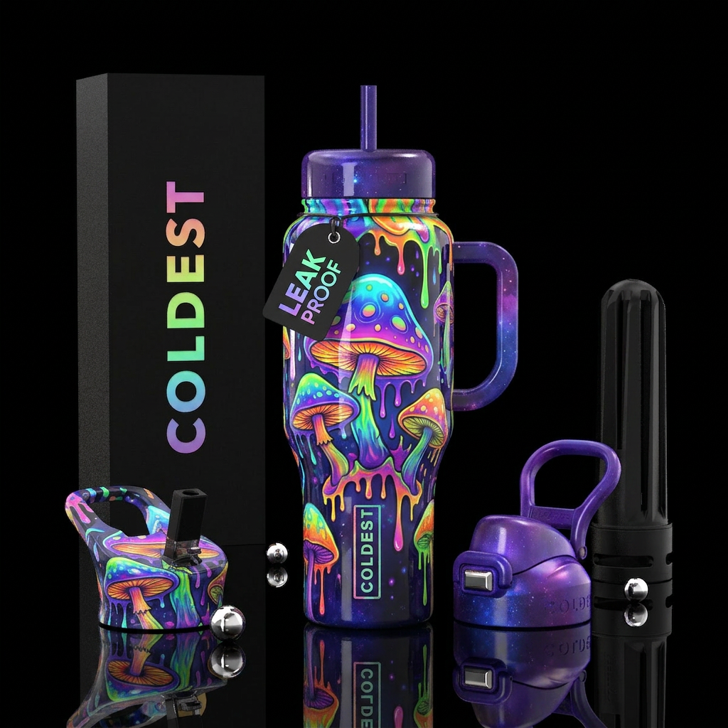 Hippie style mushrooms dripping, psychedelic,glowi... water bottle design
