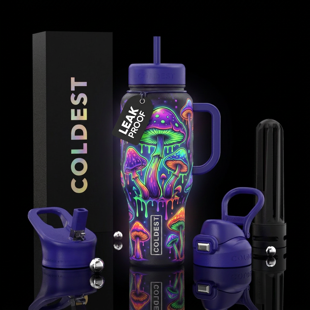 Hippie style mushrooms dripping, psychedelic,glowi... water bottle design