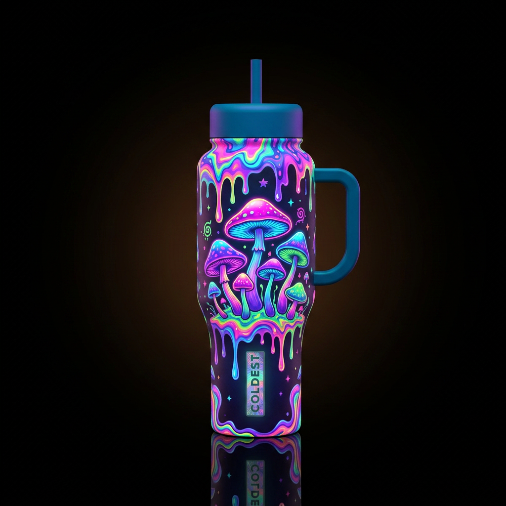 Hippie style mushrooms, dripping, psychedelic,glow... water bottle design