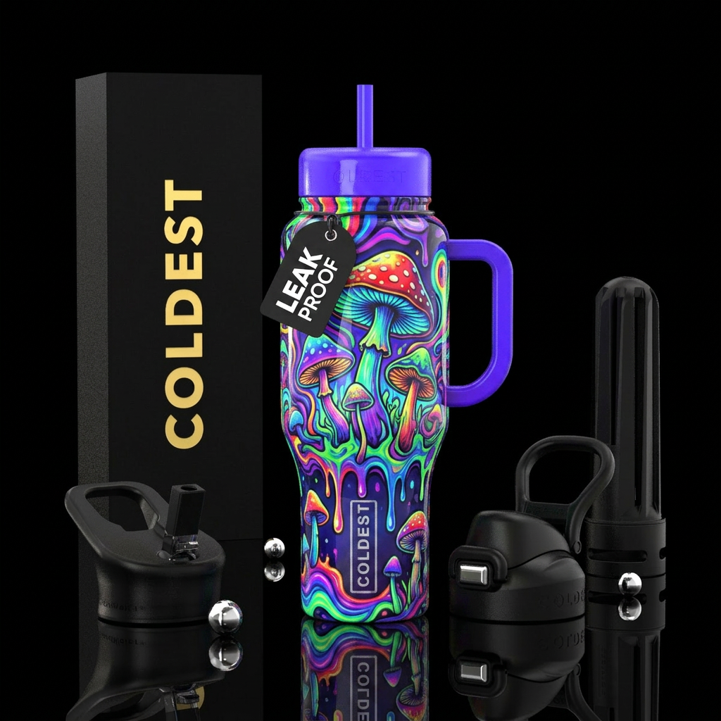 Hippie style mushrooms, dripping, psychedelic,glow... water bottle design