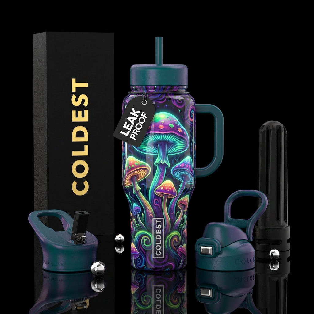 Hippie style mushrooms, , psychedelic,glowie, glos... water bottle design