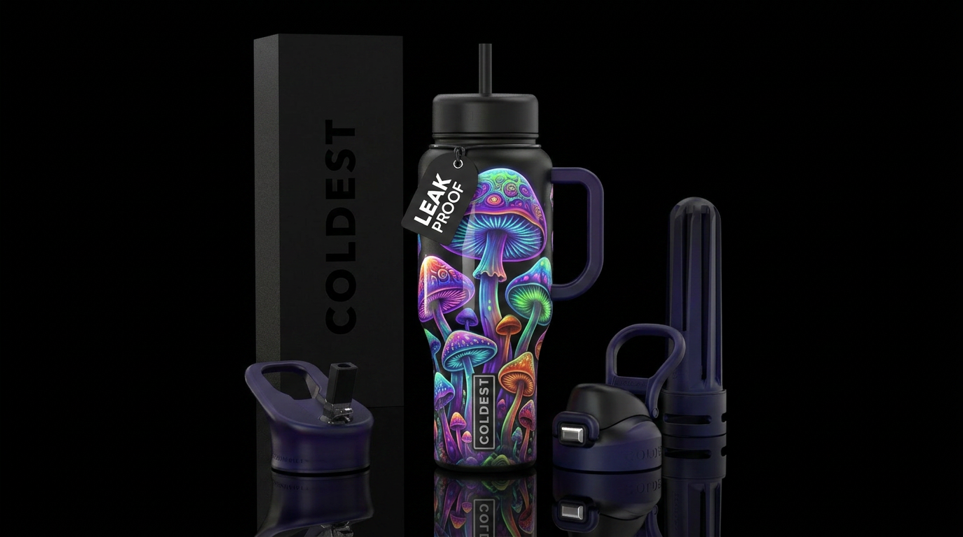 Hippie style mushrooms, , psychedelic,glowie, glos... water bottle design
