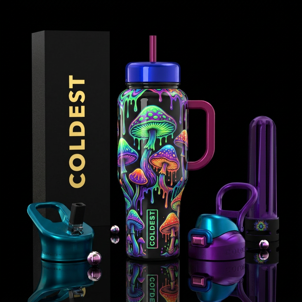 Hippie style mushrooms, , psychedelic,glowie, glos... water bottle design