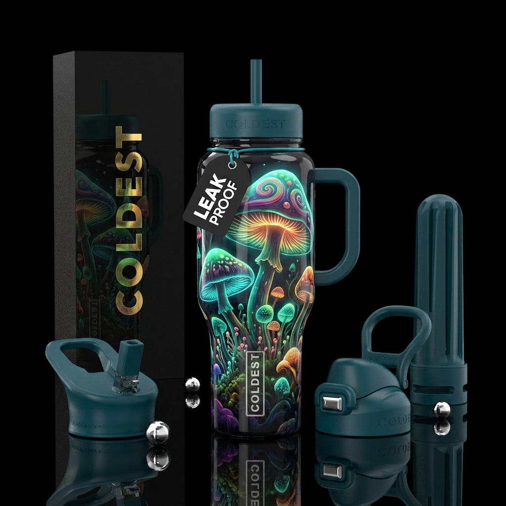 Mystic mushrooms, glowie, psychedelic, glow in the... water bottle design