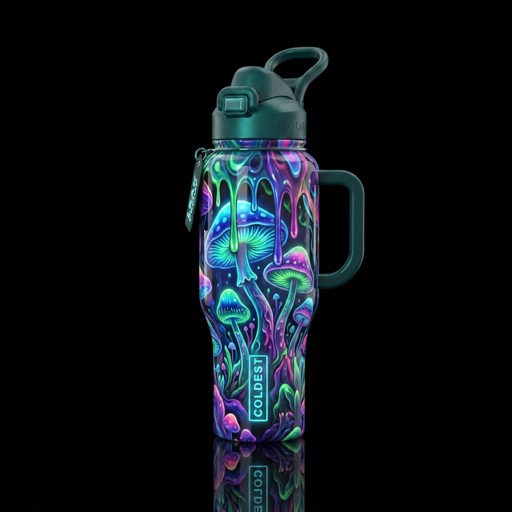 Mystic mushrooms, glowie, psychedelic, glow in the... water bottle design