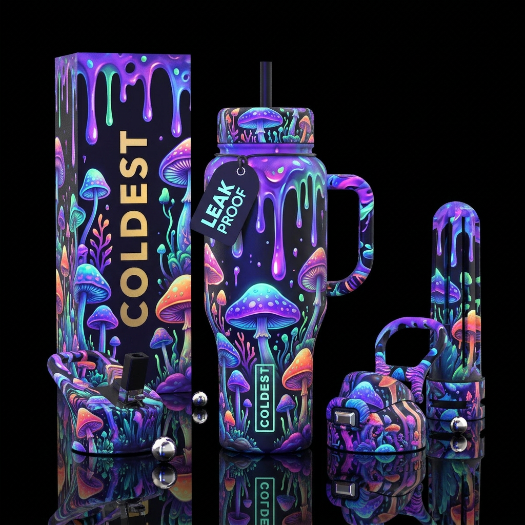 Mystic mushrooms, glowie, psychedelic, glow in the... water bottle design