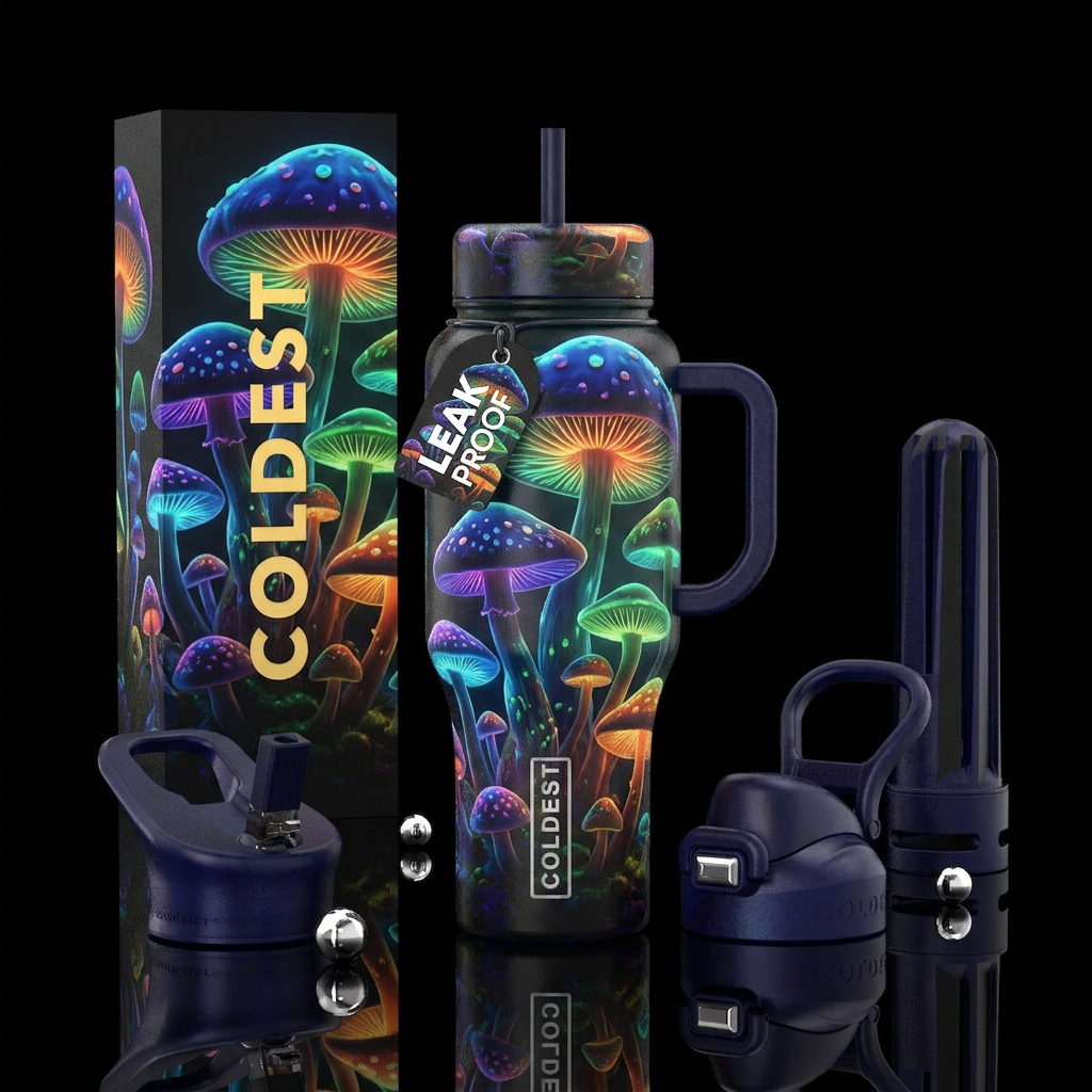 Mystic mushrooms, glowie, psychedelic, glow in the... water bottle design