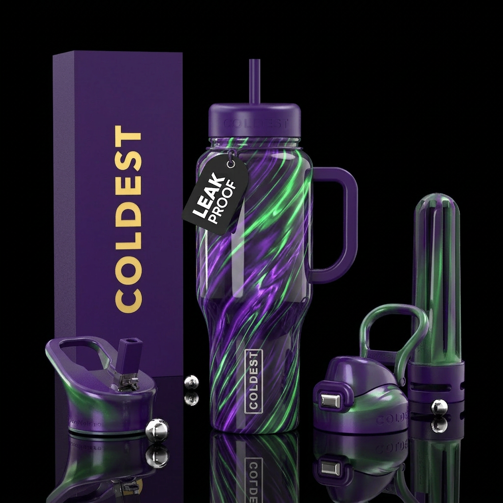 Streak,purple green, glossy, glowie water bottle design