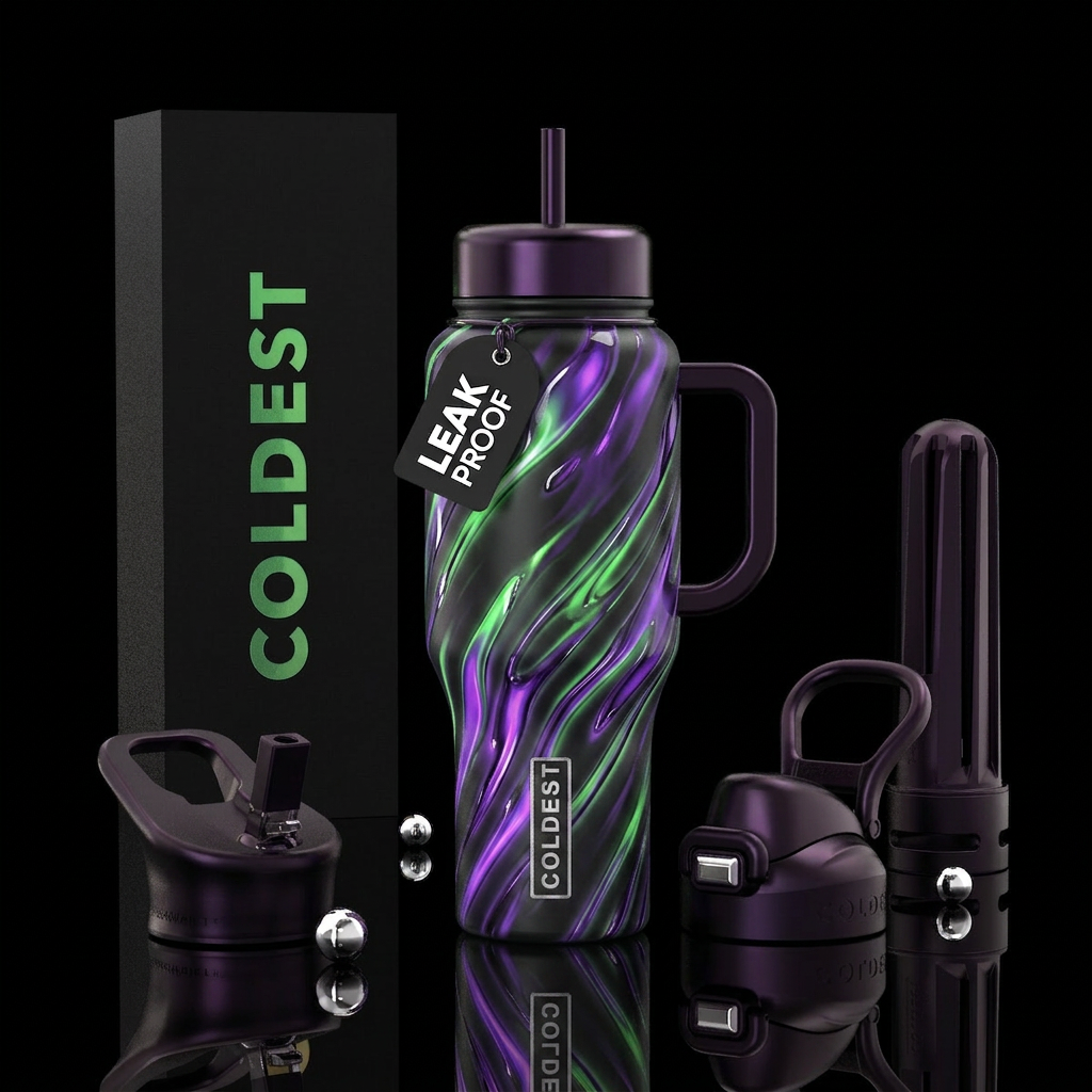 Streak,purple green, glossy, glowie water bottle design