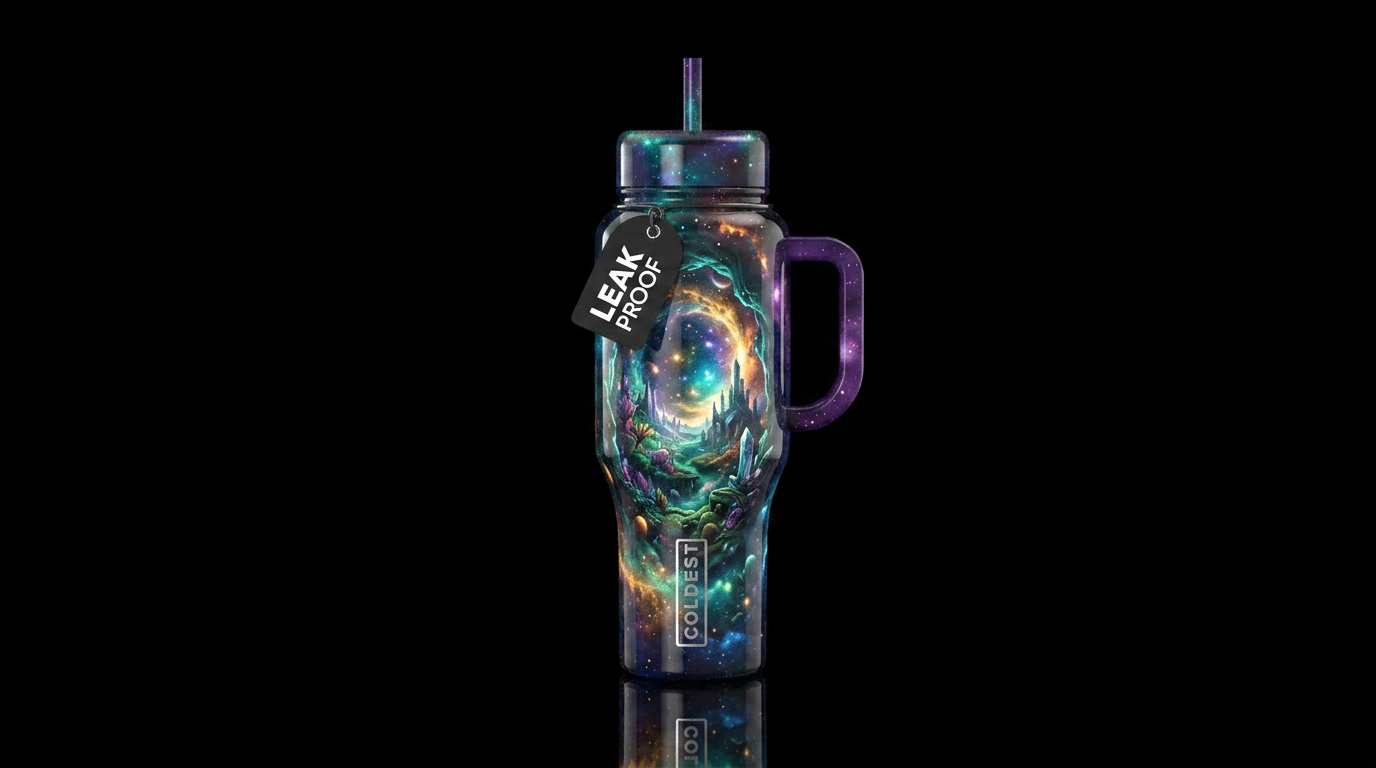 opening to a portal to a new world, glossy, glowie... water bottle design