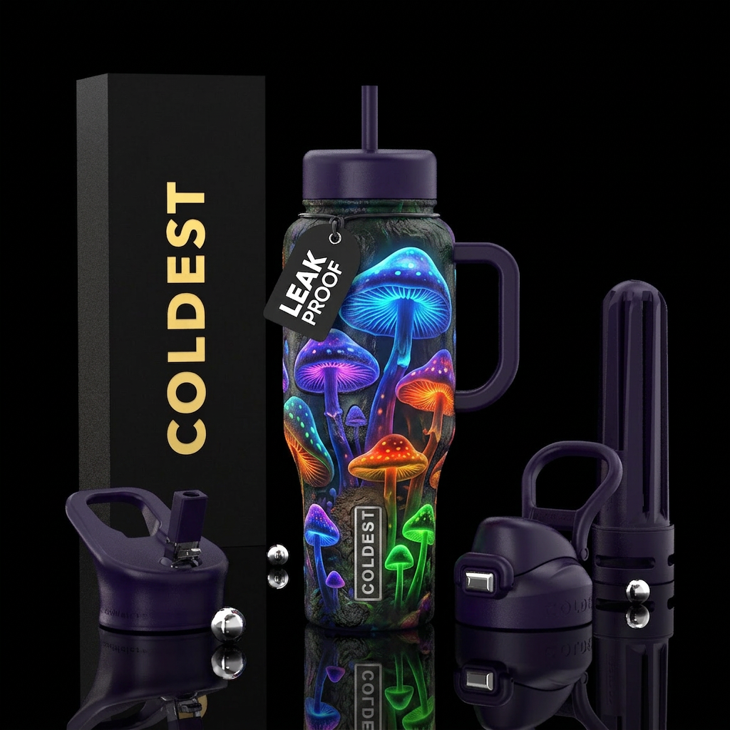 Magic mushrooms, glossy, glowie, trompe-l'œil water bottle design